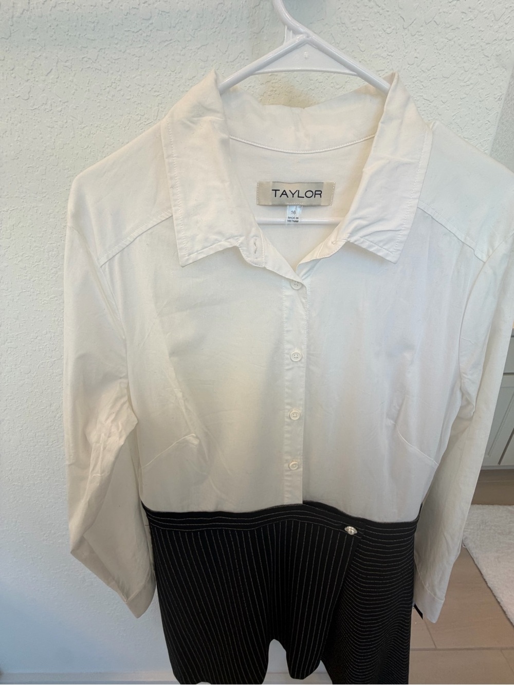 Taylor White Button-Front Shirt with Black Pinstripe Skirt Panel